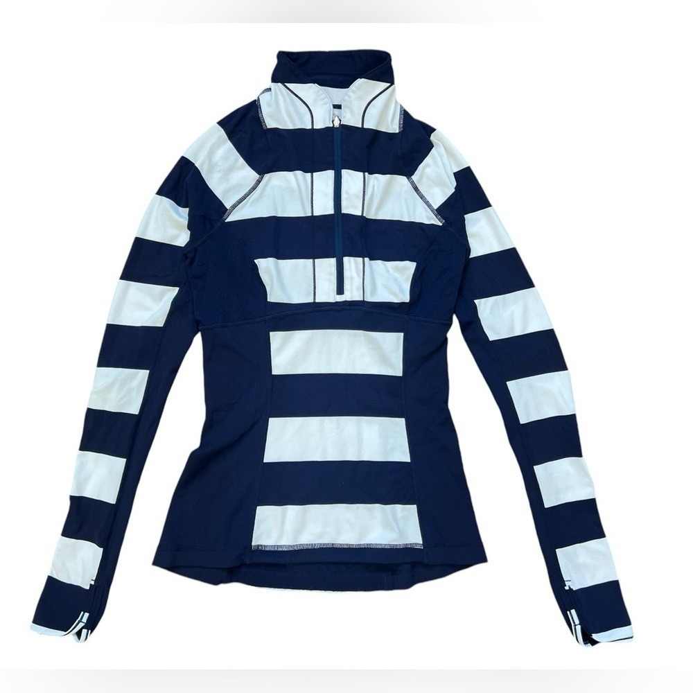 Lululemon Navy White Striped 1/2 Zip Long Sleeve‎ Running Top Thumbholes Size 4